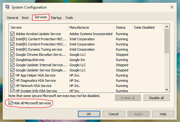 msconfig > Services (hide Microsoft services first)