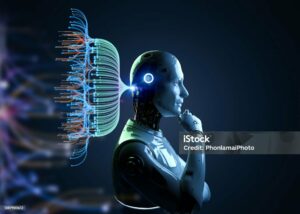 Automation data analytic with 3d rendering ai robot with digital visualization for big data scientist
